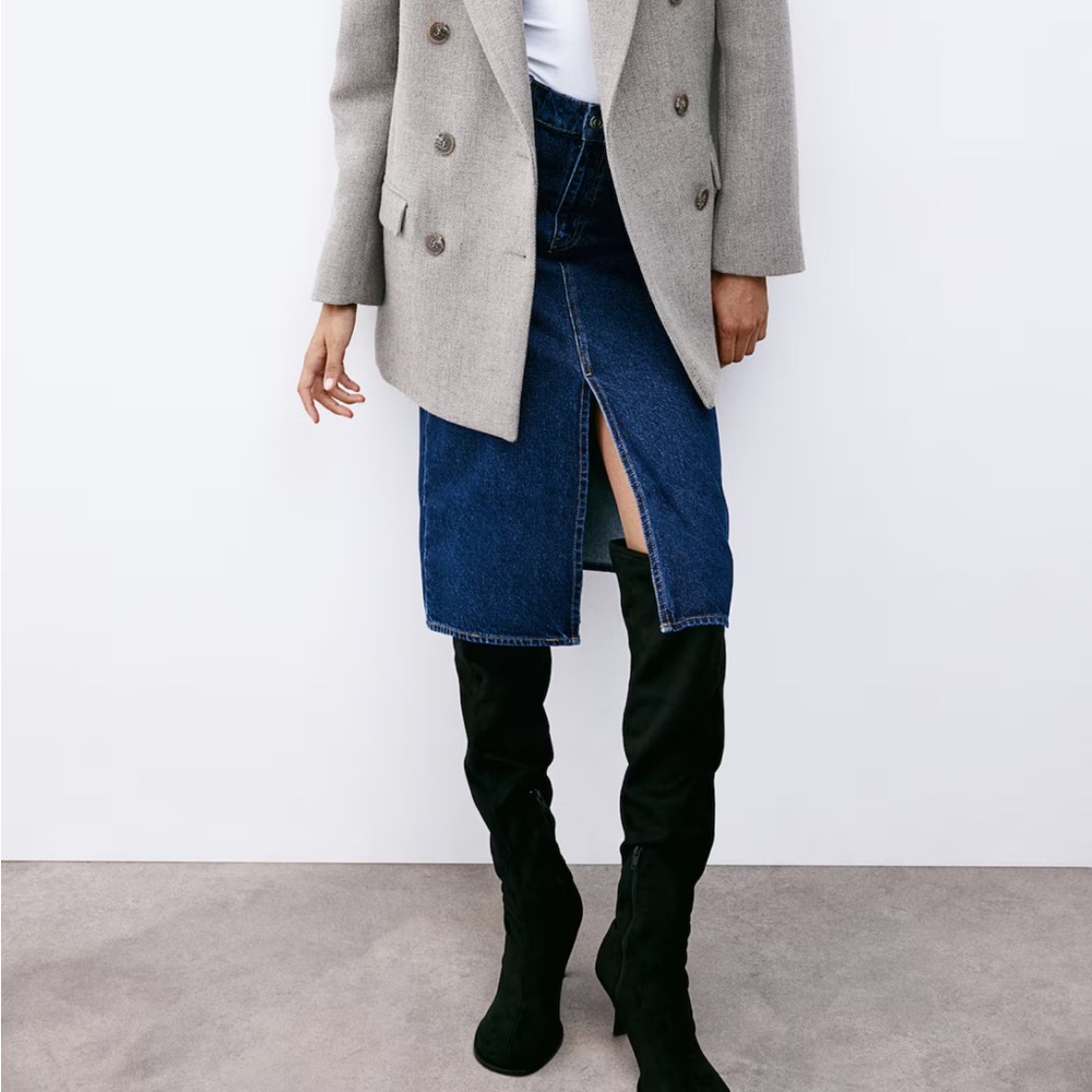 H&M Knee Length Dark Denim Blue High Waist Slim Fit Slit Skirt NWT Size 6 New